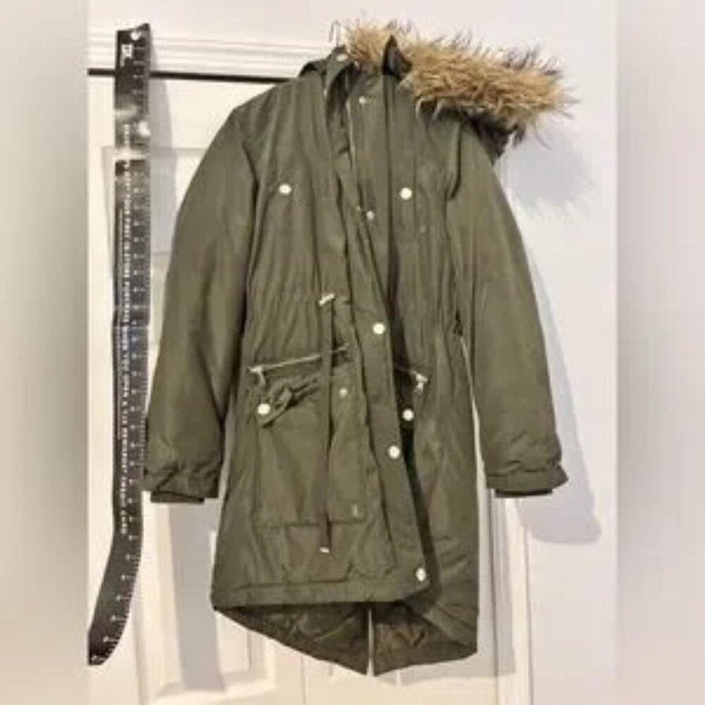 heavy weighted ladies tts L beautiful new Olive Green Parka with Faux Fur Trim - Picture 6 of 12